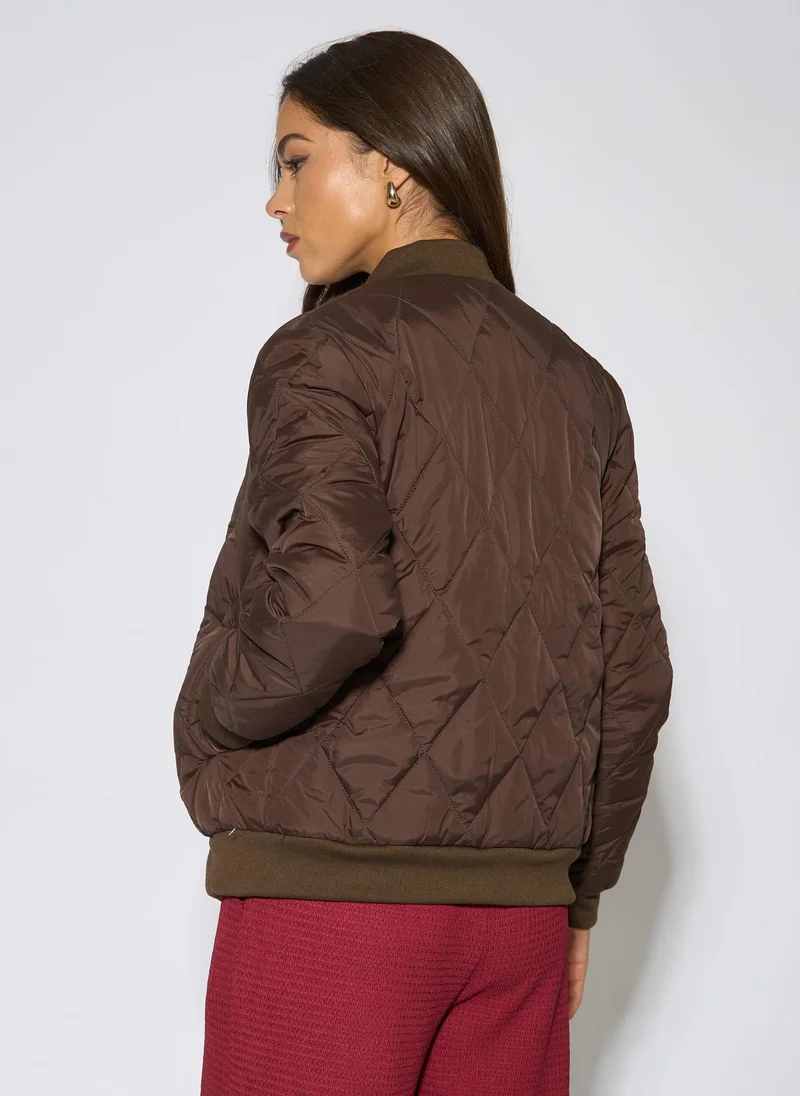 Gini London  Brown Rib Trim Puffer Bomber Jacket for Women | Best Price UAE