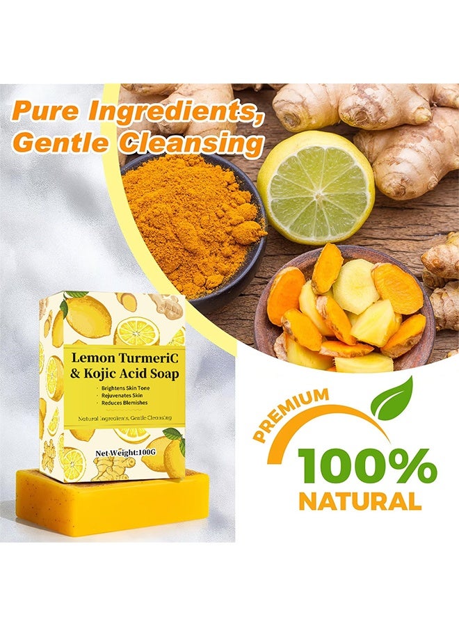 لونون صابون الليمون والكركم وحمض الكوجيك - لوح صابون الكركم مع الليمون وحمض الكوجيك - ألواح صابون للاستحمام للوجه والجسم - صابون طبيعي للتنظيف والترطيب للرجال والنساء - Image 2