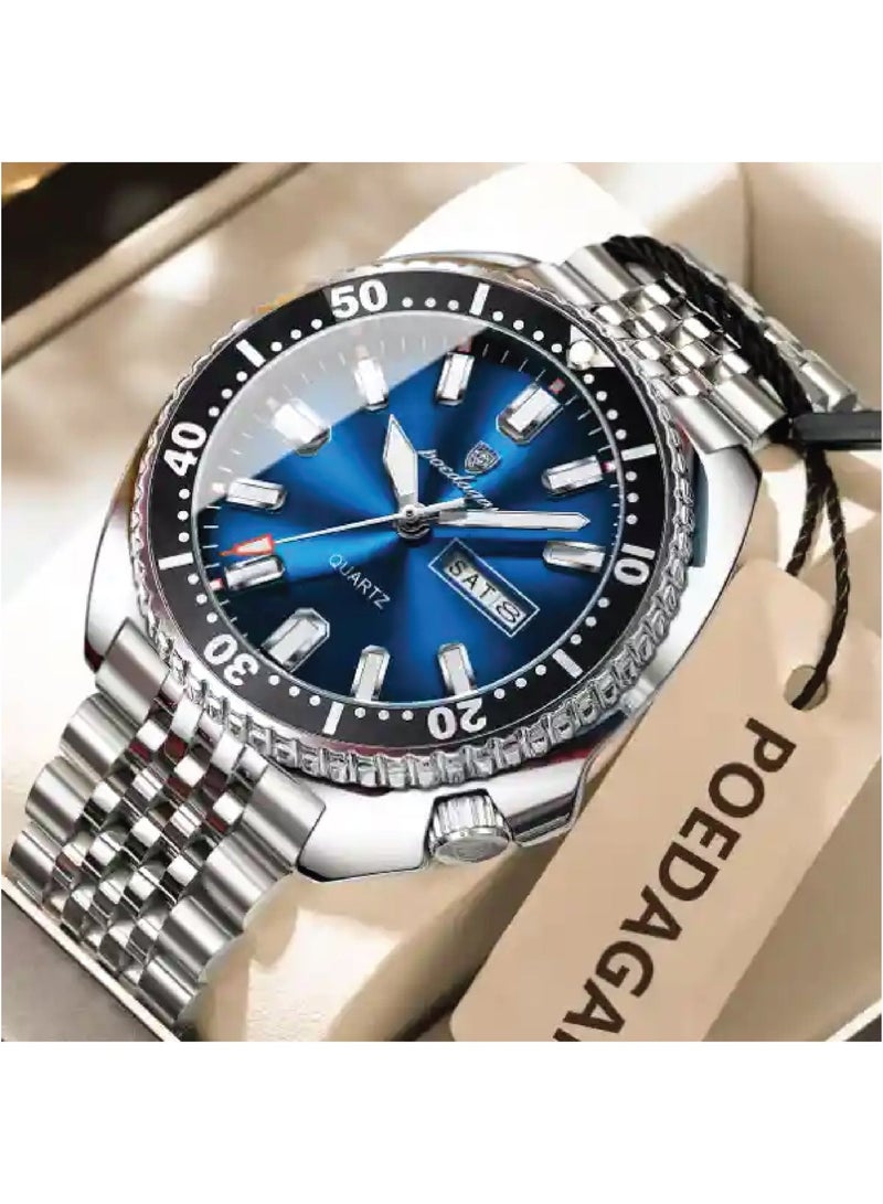 POEDAGAR Men’s Quartz Wrist Watch, Stainless Steel Strap, Dual Calendar Date Display, Luminous Hands - 682 - Image 2