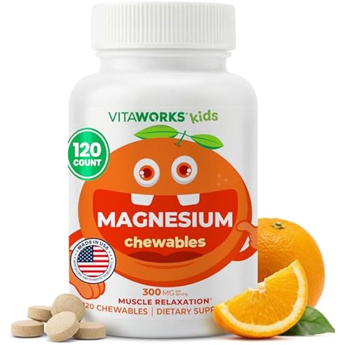 VitaWorks Kids Magnesium Chewable | Great Tasting | 300mg Magnesium Supplement | Vegan, Non GMO and Gluten Free Magnesium Oxide Supplement | for Muscle Function | 120 Chewables | Vitaworks - Image 1