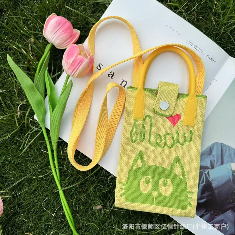 New Knitted Crossbody Mobile Phone Bag Fashionable All-Match Flower Cartoon Knitted Crossbody Bag Women'S Hand Tote Bag - Image 1