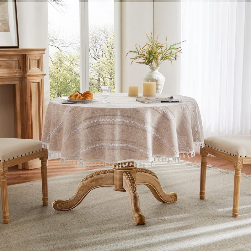 ZeeMart Hemstitched Embroidery Striped Boho Tablecloth 60 Inch Round Natural, Heavy Weight Farmhouse Burlap Linen Neutral Tablecloth, Wrinkle Resistant Washable Table Cloth for Round Table - Image 2