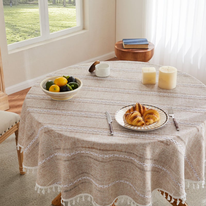 ZeeMart Hemstitched Embroidery Striped Boho Tablecloth 60 Inch Round Natural, Heavy Weight Farmhouse Burlap Linen Neutral Tablecloth, Wrinkle Resistant Washable Table Cloth for Round Table - Image 3