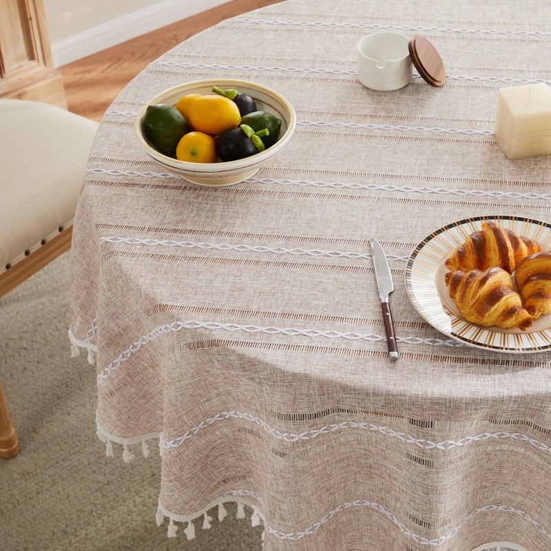 ZeeMart Hemstitched Embroidery Striped Boho Tablecloth 60 Inch Round Natural, Heavy Weight Farmhouse Burlap Linen Neutral Tablecloth, Wrinkle Resistant Washable Table Cloth for Round Table - Image 1