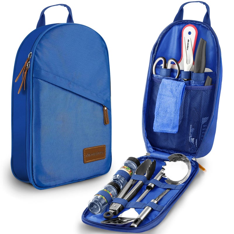 Wealers 12 Piece Camp Kitchen Cooking Utensil Set Travel Organizer Grill Accessories Portable Compact Gear for Backpacking BBQ Camping Hiking Travel Cookware Kit Water Resistant Case (Blue) - Image 1