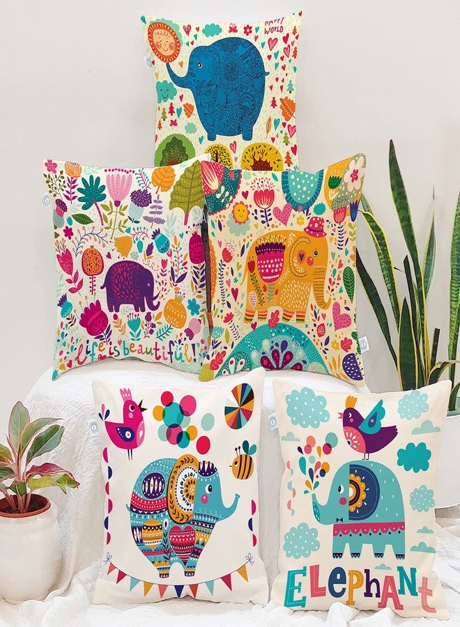 STITCHNEST Set of 5 Polycotton Cushion Covers - 18x18 Inches - Multicolor Elephant & Jungle Print - Playful Cushion Covers for Kids Room, Sofa & Living Room Decor - Image 1