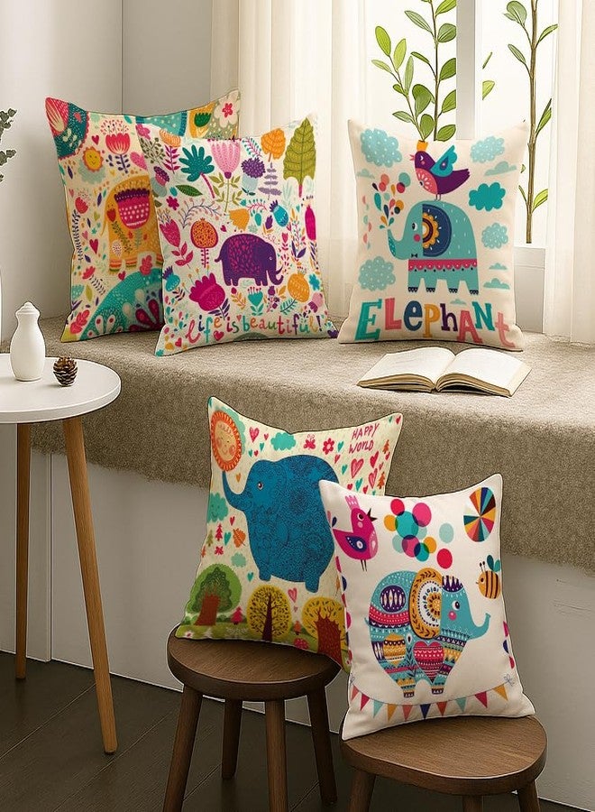 STITCHNEST Set of 5 Polycotton Cushion Covers - 18x18 Inches - Multicolor Elephant & Jungle Print - Playful Cushion Covers for Kids Room, Sofa & Living Room Decor - Image 2