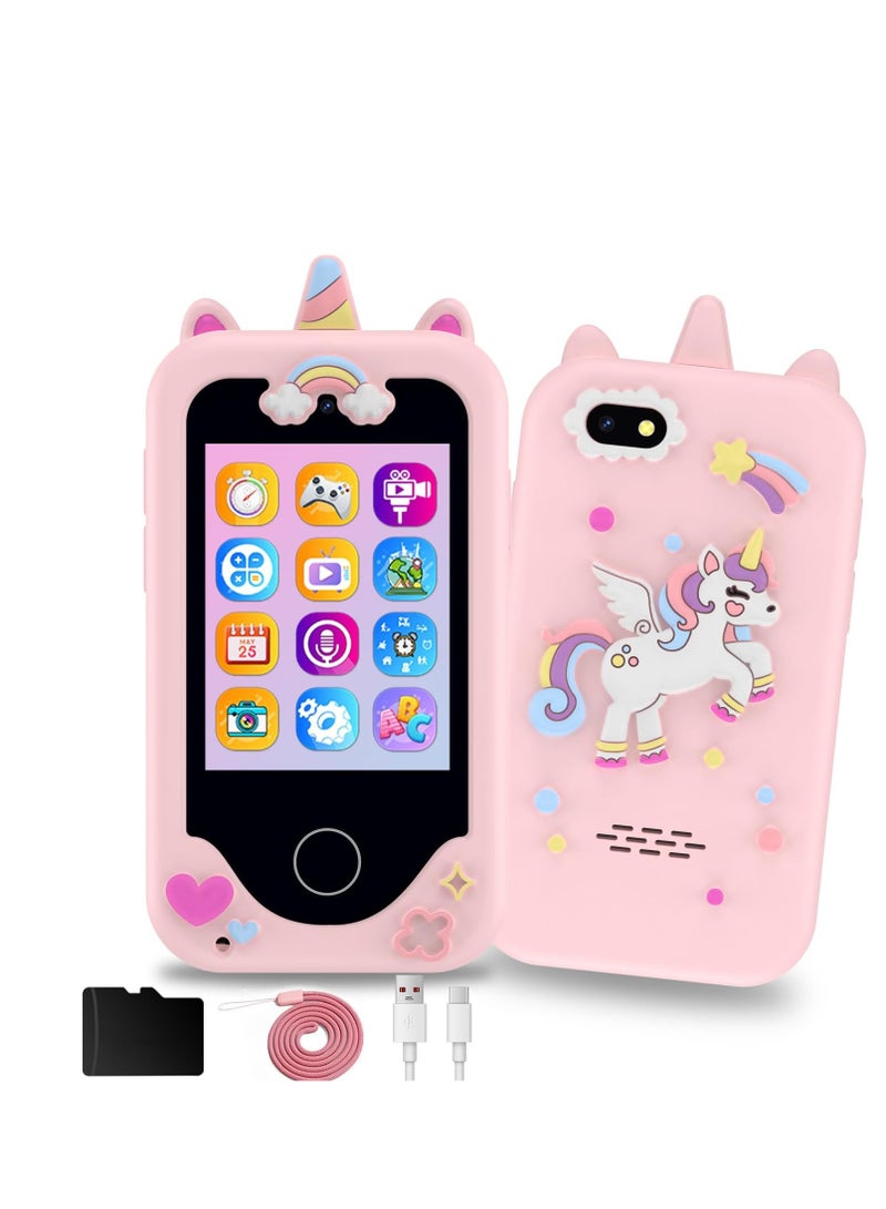 تلفون اطفال صغي هاتف للأطفال للبنات، هدايا عيد الميلاد للفتيات بعمر 3 4 5 6 7 8 سنوات، ألعاب تعليمية تعمل باللمس للفتيات بعمر 3-11 سنة مع كاميرا مزدوجة وبطاقة SD 8G (وردي) - Image 1