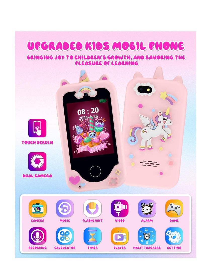 تلفون اطفال صغي هاتف للأطفال للبنات، هدايا عيد الميلاد للفتيات بعمر 3 4 5 6 7 8 سنوات، ألعاب تعليمية تعمل باللمس للفتيات بعمر 3-11 سنة مع كاميرا مزدوجة وبطاقة SD 8G (وردي) - Image 2