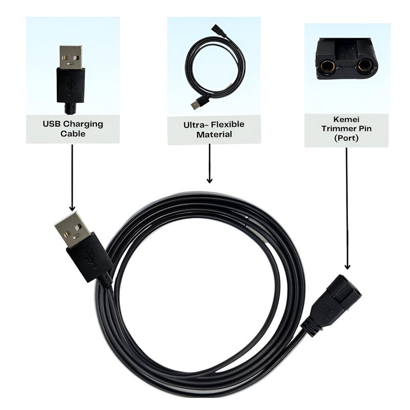 Upix USB Kemei Trimmer Charging Cable 1 Meter (3.2 Feet) Compatible for Kemei Trimmer, Shavers, Body Groomers - Black (Please match Cable Port before Ordering) (Works with 5V USB Adapter Only) - Image 3