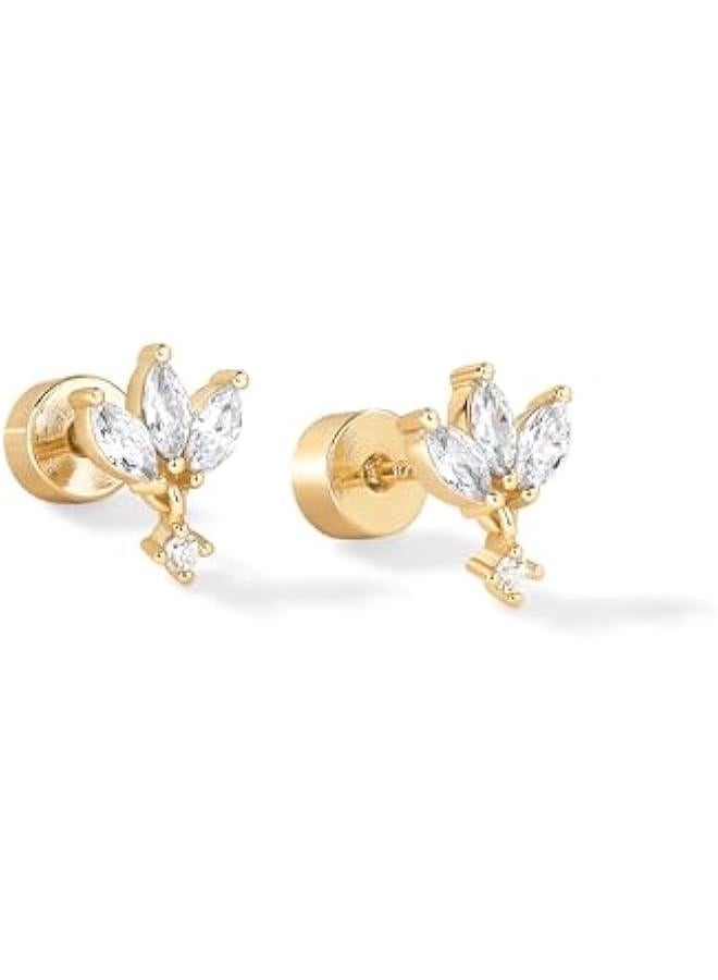 PAVOI 14K Gold Plated Sentimental Dangle Flat Back Earrings for Women | Helix and Cartilage Pearl Cluster Triangle Lotus Pear Marquise Cubic Zirconia Screw Back Earring Pair  - Image 3