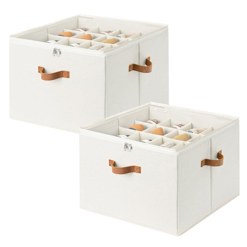 StorageWorks 2 Pack Shoe Organizer for Closet, Foldable Shoe Storage Box with Adjustable Dividers, Fabric Shoes Container, Stackable Storage Bins for Boots, Sneakers, Fits up to 16-32 Pairs, Beige - Image 1