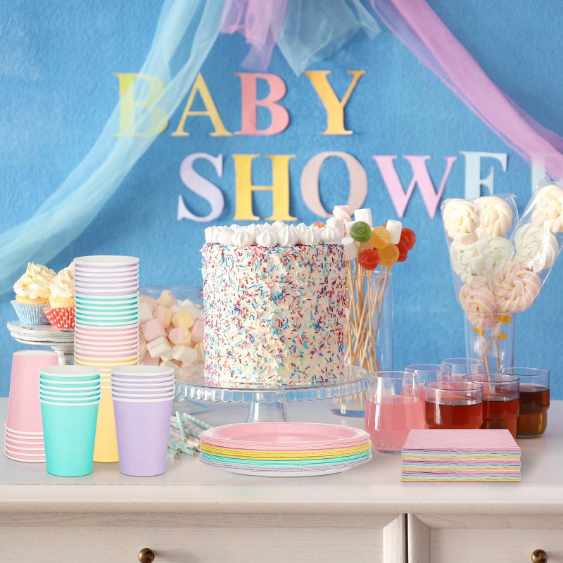 meekoo 72 Pcs Pastel Party Supplies Pastel 7"" Disposable Paper Plates Napkins and Paper Cups Serve 24 Guests  Rainbow Tableware Sets for Birthday Wedding Baby Shower Party Decoration - Image 3