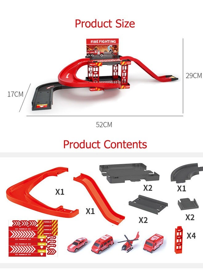 لعبة سيارة مسار، لعبة سيارة مسار تجميع للأطفال، لعبة سيارة سباق مسار، شاحنة إطفاء، لعبة حاملة للأطفال الصغار، مجموعة ألعاب سيارات، لعبة شاحنة مع 3 سيارات، مجموعة موضوع موقف سيارات إطفاء للأطفال من 3 سنوات فما فوق، هدية للأولاد والبنات - Image 2