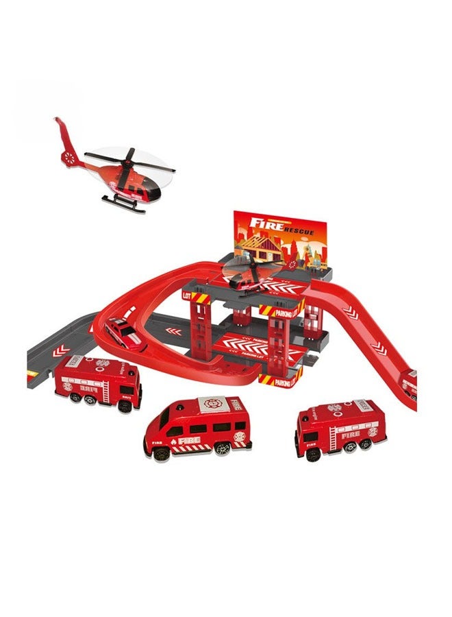 لعبة سيارة مسار، لعبة سيارة مسار تجميع للأطفال، لعبة سيارة سباق مسار، شاحنة إطفاء، لعبة حاملة للأطفال الصغار، مجموعة ألعاب سيارات، لعبة شاحنة مع 3 سيارات، مجموعة موضوع موقف سيارات إطفاء للأطفال من 3 سنوات فما فوق، هدية للأولاد والبنات - Image 3