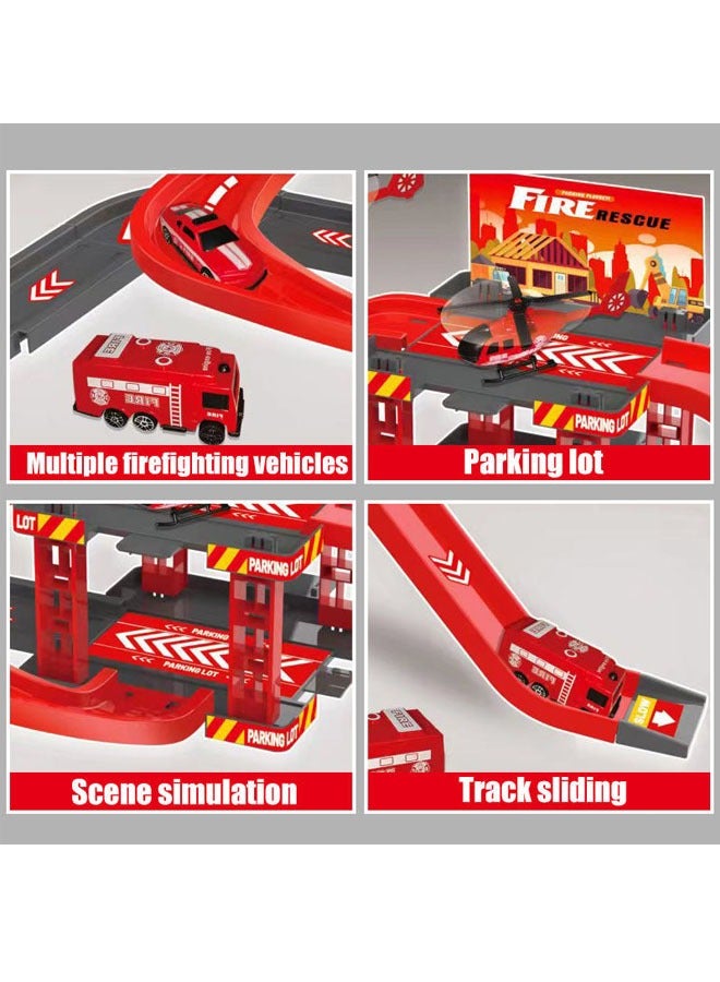 لعبة سيارة مسار، لعبة سيارة مسار تجميع للأطفال، لعبة سيارة سباق مسار، شاحنة إطفاء، لعبة حاملة للأطفال الصغار، مجموعة ألعاب سيارات، لعبة شاحنة مع 3 سيارات، مجموعة موضوع موقف سيارات إطفاء للأطفال من 3 سنوات فما فوق، هدية للأولاد والبنات - Image 4