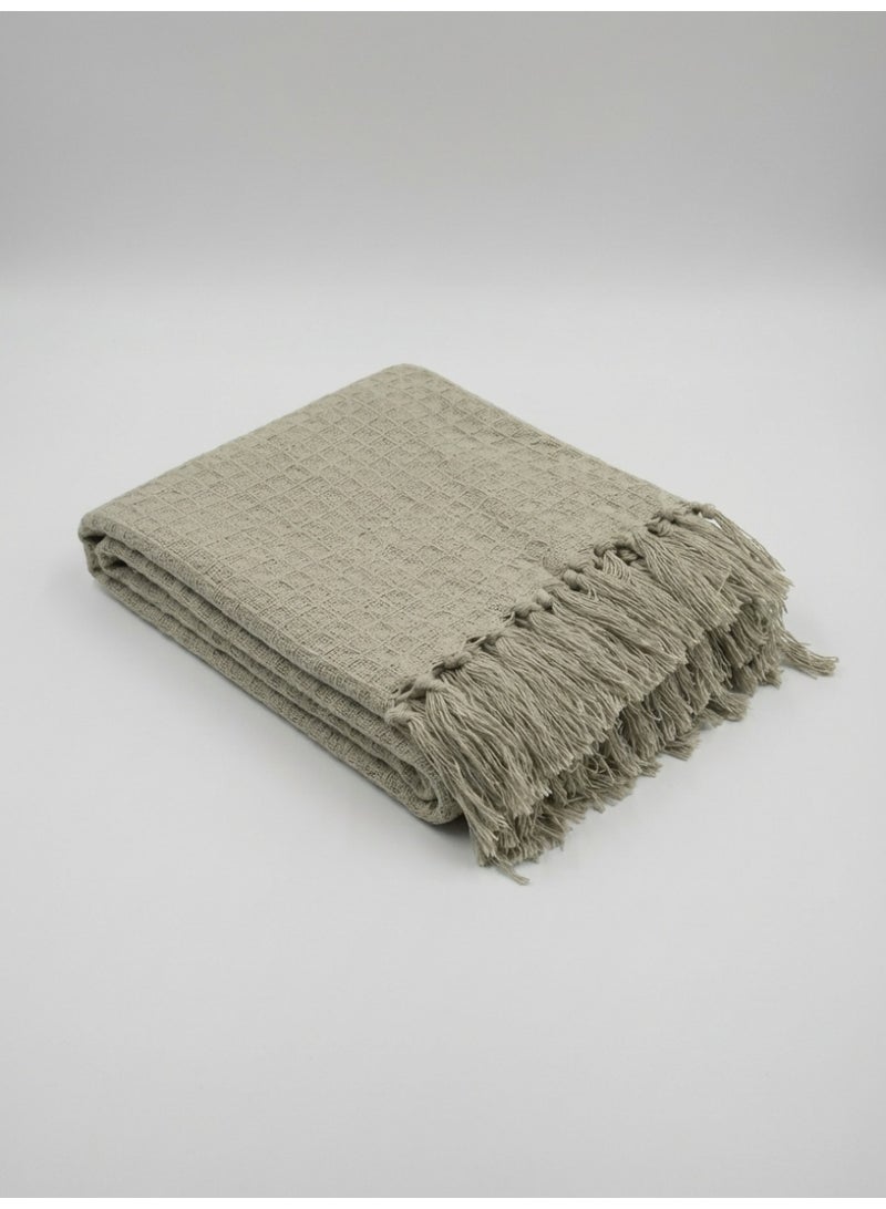 Ambrosia 130 x 160 cm Premium Waffy Cotton Throw Blanket in Sage Green 400GSM Waffle Weave Cozy Fringed Tassel Blanket for Sofa Couch Bed Boho Home Decor - Image 1