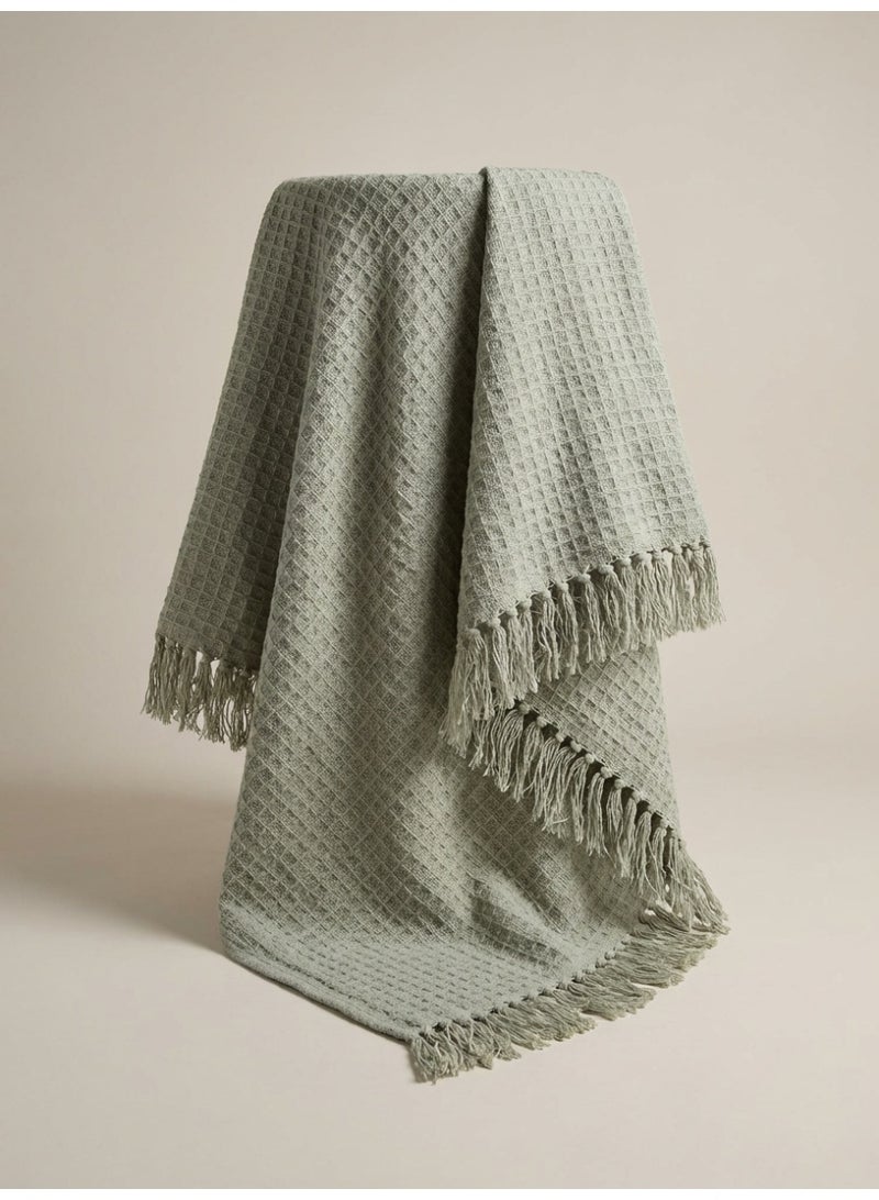 Ambrosia 130 x 160 cm Premium Waffy Cotton Throw Blanket in Sage Green 400GSM Waffle Weave Cozy Fringed Tassel Blanket for Sofa Couch Bed Boho Home Decor - Image 2