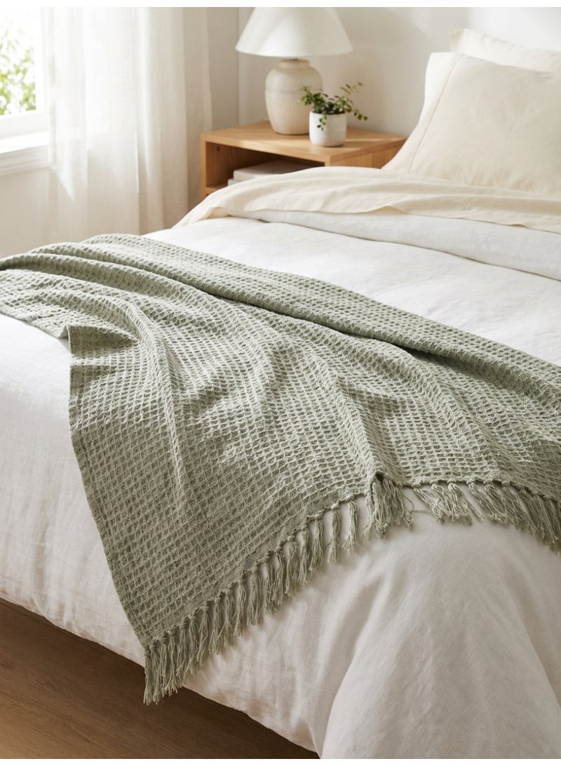 Ambrosia 130 x 160 cm Premium Waffy Cotton Throw Blanket in Sage Green 400GSM Waffle Weave Cozy Fringed Tassel Blanket for Sofa Couch Bed Boho Home Decor - Image 4