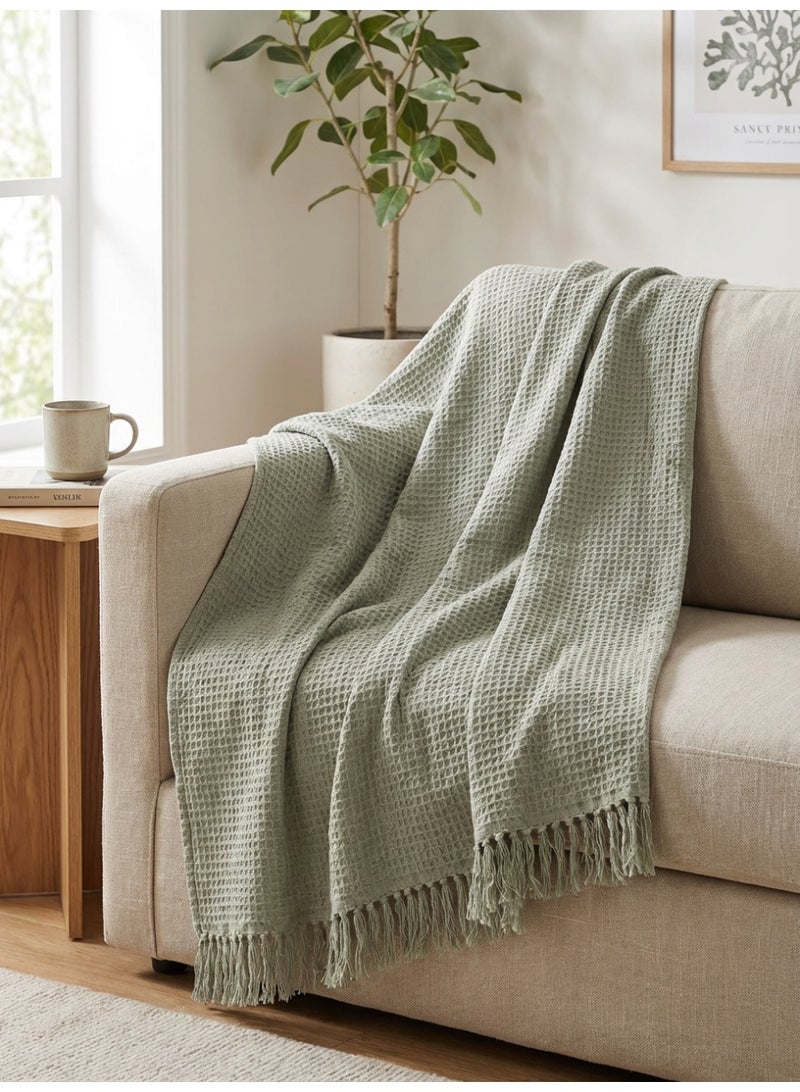 Ambrosia 130 x 160 cm Premium Waffy Cotton Throw Blanket in Sage Green 400GSM Waffle Weave Cozy Fringed Tassel Blanket for Sofa Couch Bed Boho Home Decor - Image 3