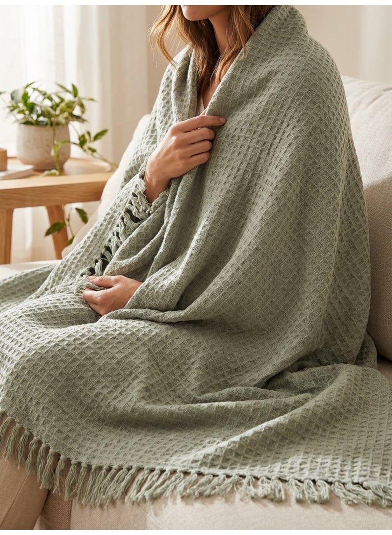 Ambrosia 130 x 160 cm Premium Waffy Cotton Throw Blanket in Sage Green 400GSM Waffle Weave Cozy Fringed Tassel Blanket for Sofa Couch Bed Boho Home Decor - Image 5
