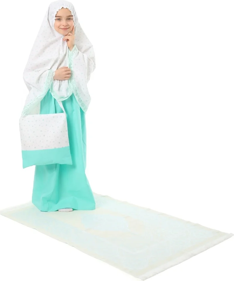 إلانيسا  Girls' Prayer Dress Cotton 4-Piece Set Mint Color Printed