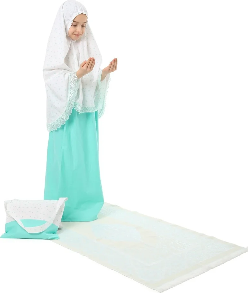 إلانيسا  Girls' Prayer Dress Cotton 4-Piece Set Mint Color Printed