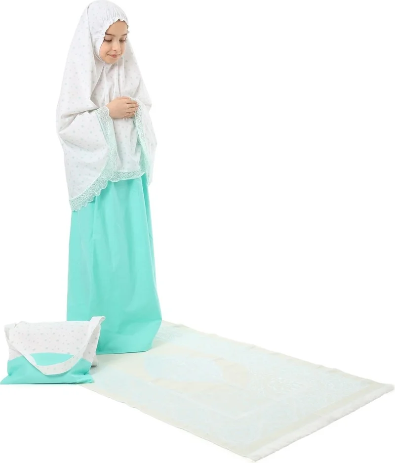 إلانيسا  Girls' Prayer Dress Cotton 4-Piece Set Mint Color Printed