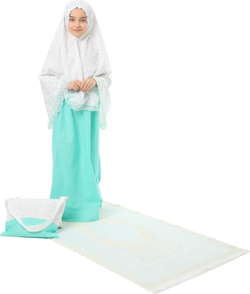 إلانيسا  Girls' Prayer Dress Cotton 4-Piece Set Mint Color Printed