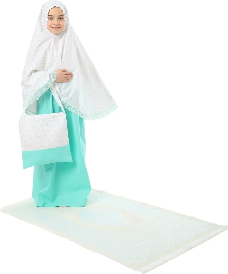 إلانيسا  Girls' Prayer Dress Cotton 4-Piece Set Mint Color Printed