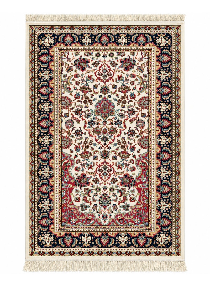 Traditional Woven Prayer Mat 78 x 120 cm with Tassel Fringe, Soft Foldable & Washable Salah Rug – Cream Navy Burgundy - Image 1