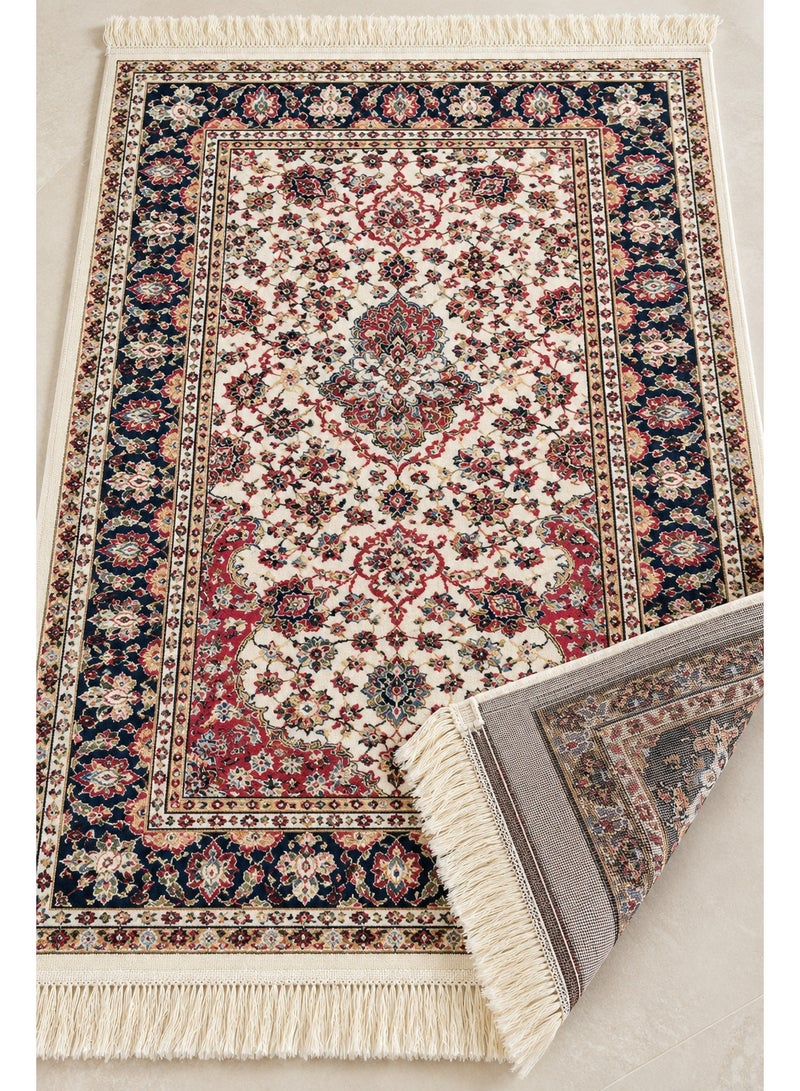 Traditional Woven Prayer Mat 78 x 120 cm with Tassel Fringe, Soft Foldable & Washable Salah Rug – Cream Navy Burgundy - Image 2
