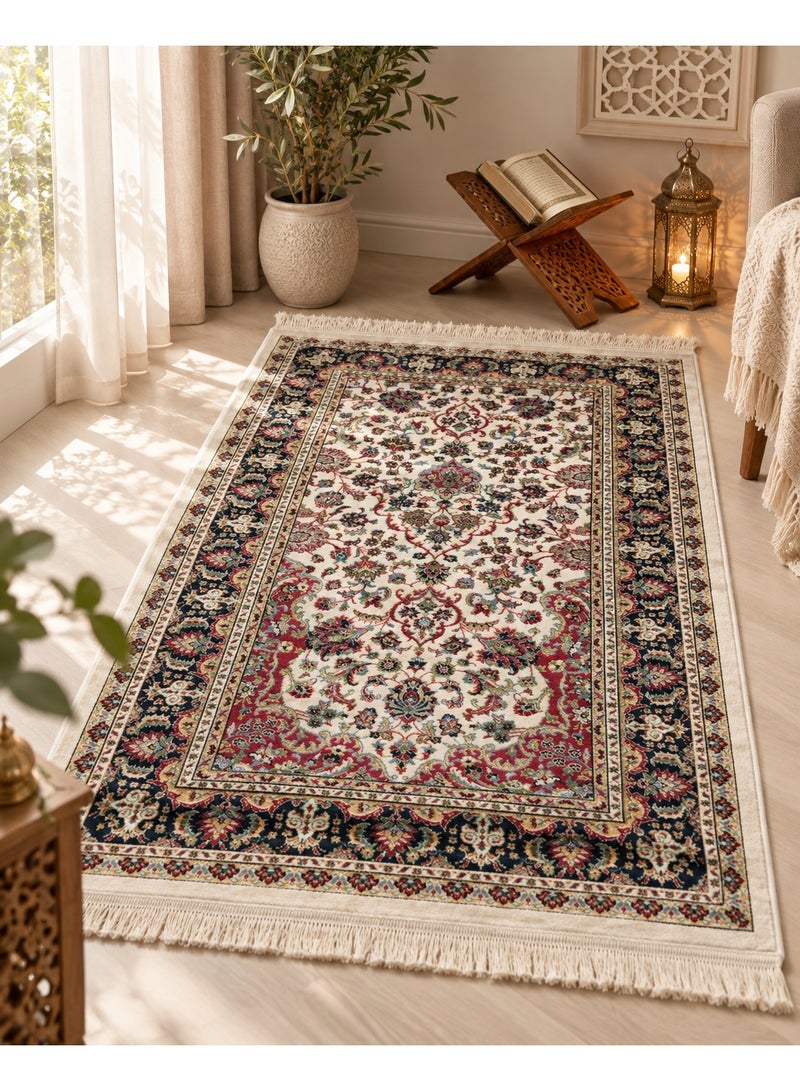 Traditional Woven Prayer Mat 78 x 120 cm with Tassel Fringe, Soft Foldable & Washable Salah Rug – Cream Navy Burgundy - Image 3