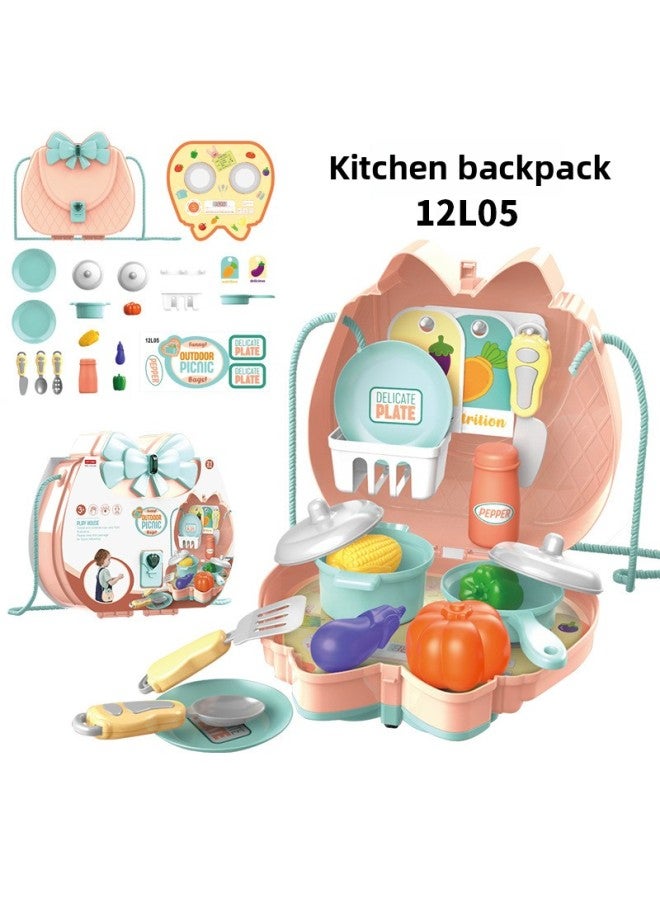 Children Play House Simulation Kitchen Tableware Makeup Tools Doctor Supermarket Portable Backpack Toys-Color:12L05 Kitchen 0.25kg - Image 1