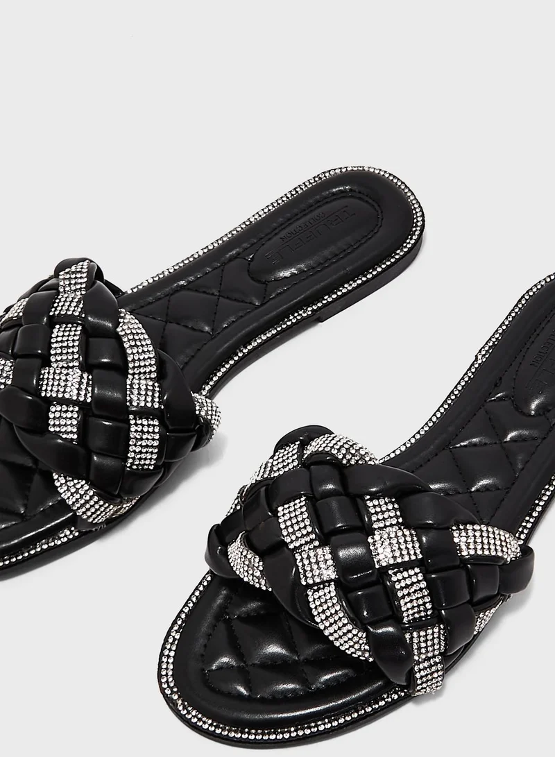 Truffle Metallic Weaved Strap Flat Sandal