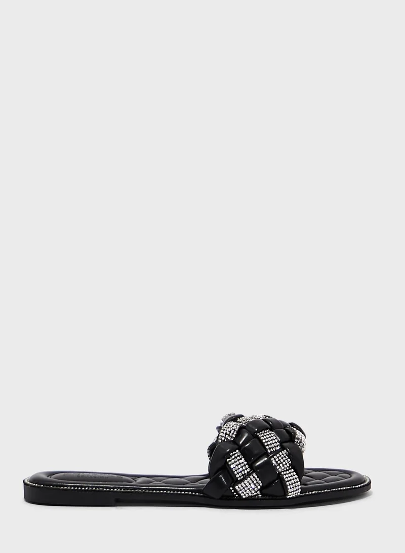 Truffle Metallic Weaved Strap Flat Sandal