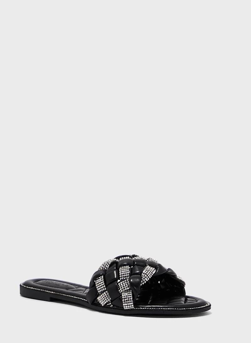 Truffle Metallic Weaved Strap Flat Sandal