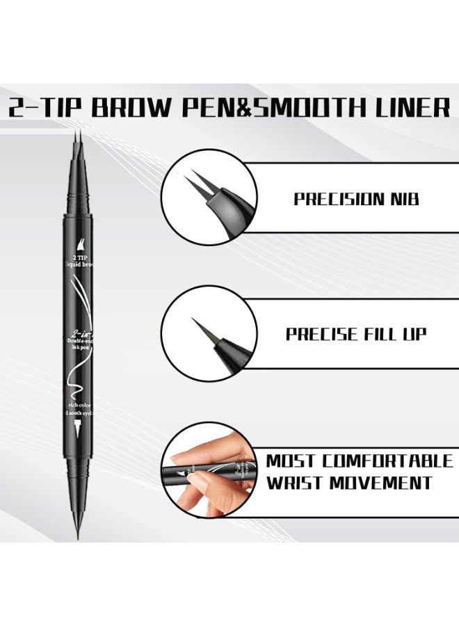 كيلا قلم حواجب منحني ذو طرفين، قلم حواجب أسود مع محدد عيون أسود 2 في 1 مزدوج، طرفان، ينشئان حواجب طبيعية تشبه الشعر، مقاوم للماء، مقاوم للتلطخ، يدوم طويلاً طوال اليوم - Image 2