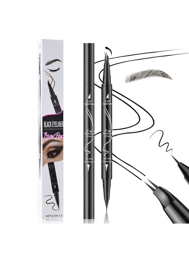 كيلا قلم حواجب منحني ذو طرفين، قلم حواجب أسود مع محدد عيون أسود 2 في 1 مزدوج، طرفان، ينشئان حواجب طبيعية تشبه الشعر، مقاوم للماء، مقاوم للتلطخ، يدوم طويلاً طوال اليوم - Image 1