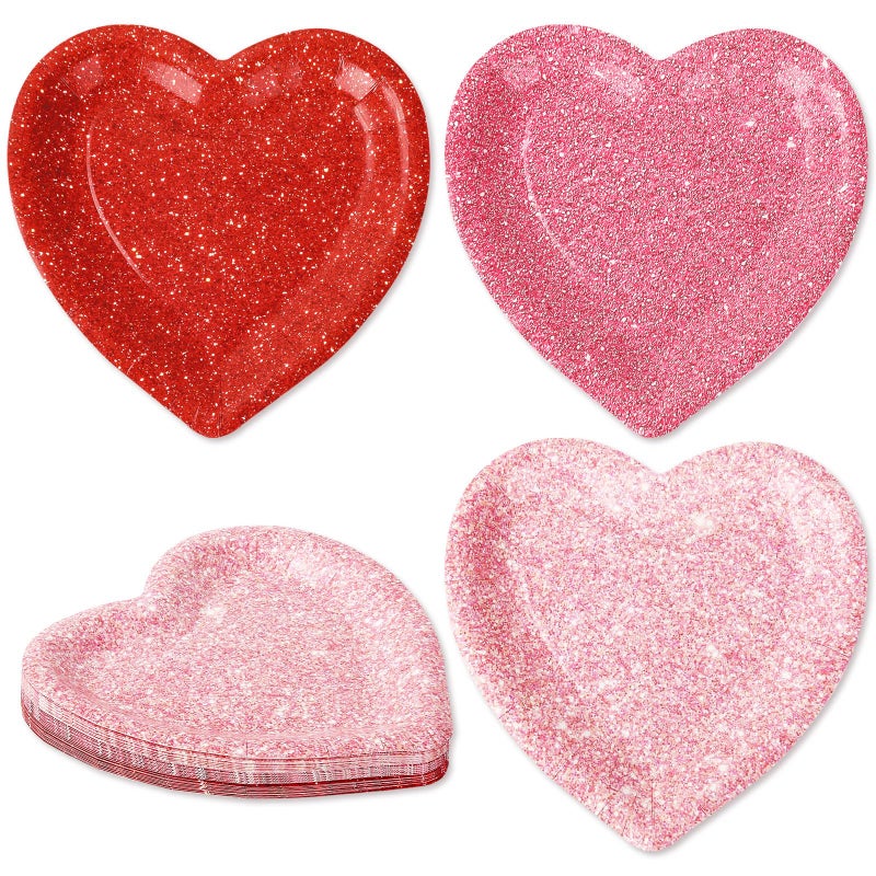 Whaline 30Pcs Valentine's Day Paper Plate Printed Glitter Heart Disposable Dessert Dinner Plate Red Pink Tableware For Party Supplies Table Decor, 7.5 In - Image 1