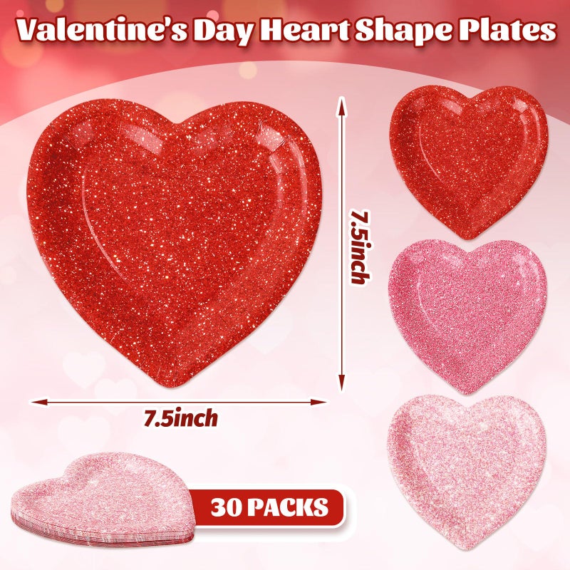 Whaline 30Pcs Valentine's Day Paper Plate Printed Glitter Heart Disposable Dessert Dinner Plate Red Pink Tableware For Party Supplies Table Decor, 7.5 In - Image 2