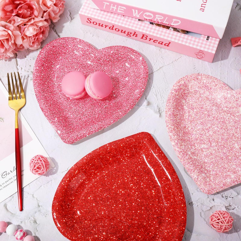 Whaline 30Pcs Valentine's Day Paper Plate Printed Glitter Heart Disposable Dessert Dinner Plate Red Pink Tableware For Party Supplies Table Decor, 7.5 In - Image 5