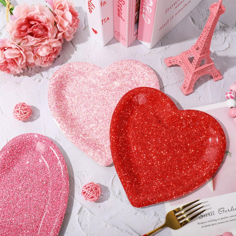 Whaline 30Pcs Valentine's Day Paper Plate Printed Glitter Heart Disposable Dessert Dinner Plate Red Pink Tableware For Party Supplies Table Decor, 7.5 In - Image 4