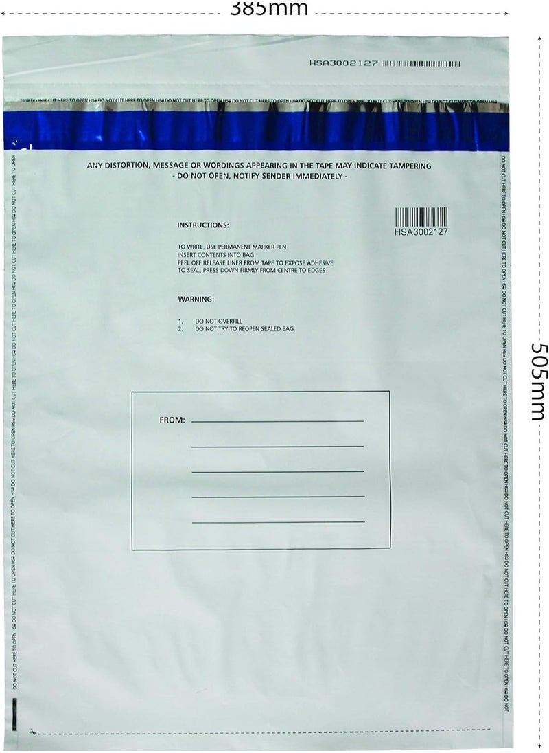 HSA Security Solutions HSA security tamper evident bag with void open message, A3 size 505mm x 385mm (20" x 15") opaque white plastic deposit/cash bags, barcoded, serialized, perforated serialized receipt. 80 microns (100piecies)  - Image 1