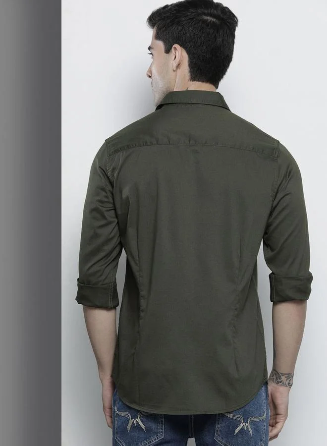 The Indian Garage Co The Indian Garage Co Men Olive Slim Fit Solid Casual Shirt
