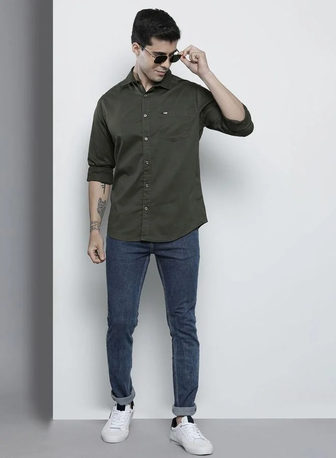 The Indian Garage Co The Indian Garage Co Men Olive Slim Fit Solid Casual Shirt