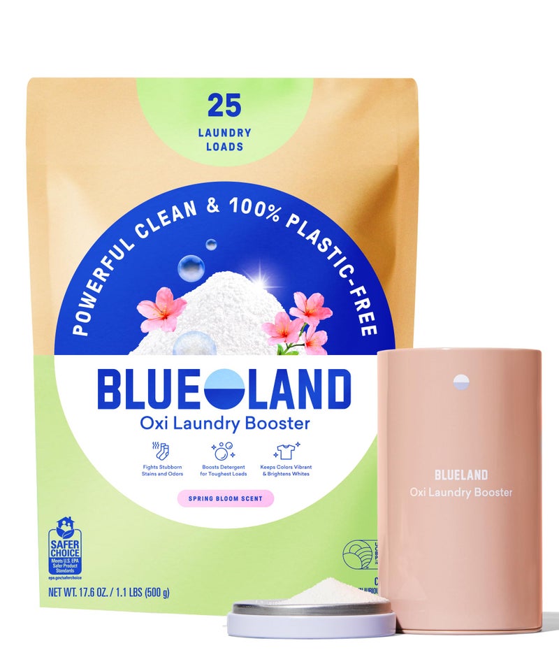 BLUELAND Oxi Laundry Booster Powder with Tin, Starter Set, Spring Bloom Scent, 25 Loads, 17.6 oz, Plastic-Free, Eco Friendly, Oxy Cleaner, Stain Remover - Image 1