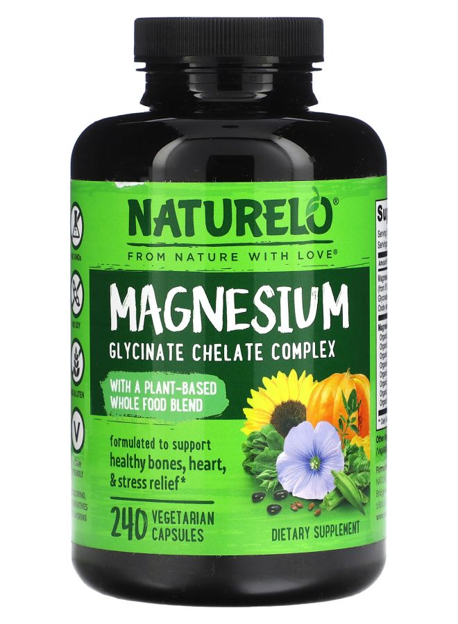 NATURELO Premium Supplements Magnesium Glycinate Chelate Complex 240 Vegetarian Capsules 
