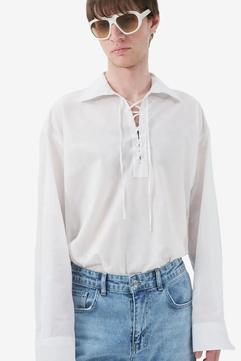 GIESTO Men's Cotton Poplin Tie-Front Shirt