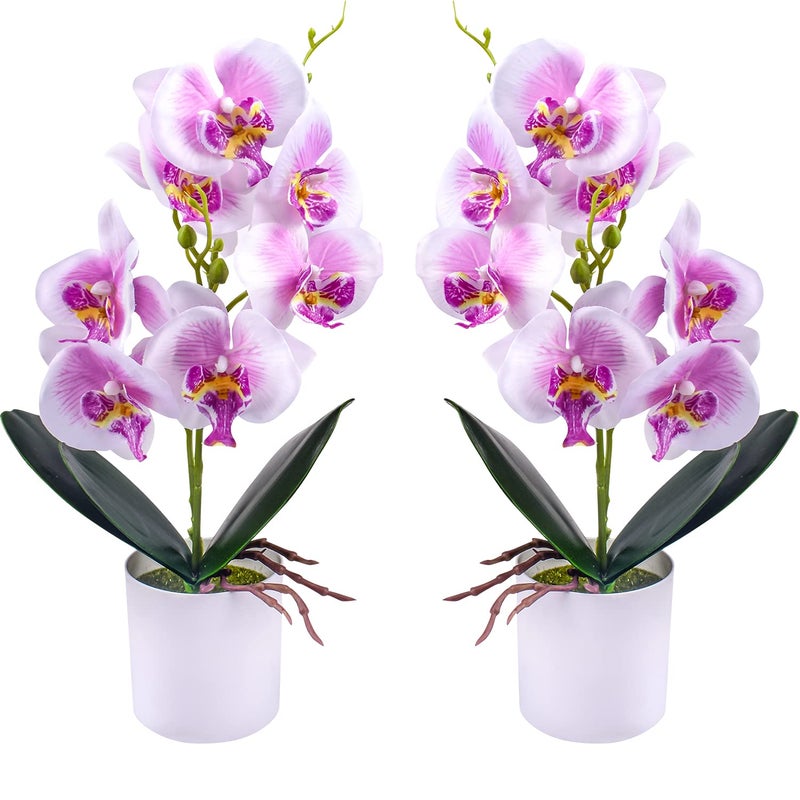 XONOR Artificial Orchid Flowers 2 Pieces Potted Fake Orchids with Plastic Vase for Table Centerpiece Home Decor Office Wedding Party Decoration